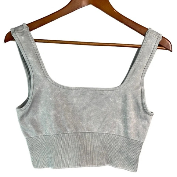 GUESS Grey Crop Tank Top/Sports Bra Logo Nylon  Stretch Acid Wash 80’s Vibe M/L - Picture 1 of 10